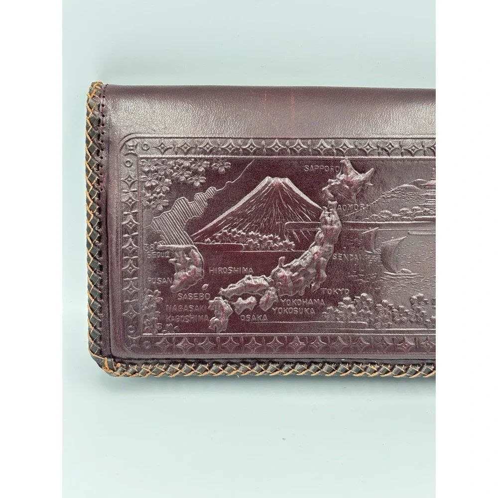Vintage Embossed Leather Wallet Japanese Japan Map Dragon Bi-fold Dark Brown